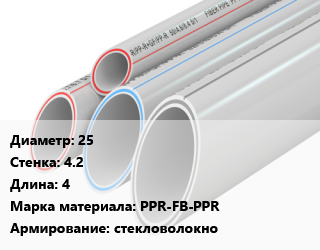 Труба полипропиленовая 25 s=4.2 L=4 PPR-FB-PPR стекловолокно, метр, Pro Aqua, SDR 6, белая цена от 108.54 сом / шт, где купить, условия доставки в Оше и Ошской области